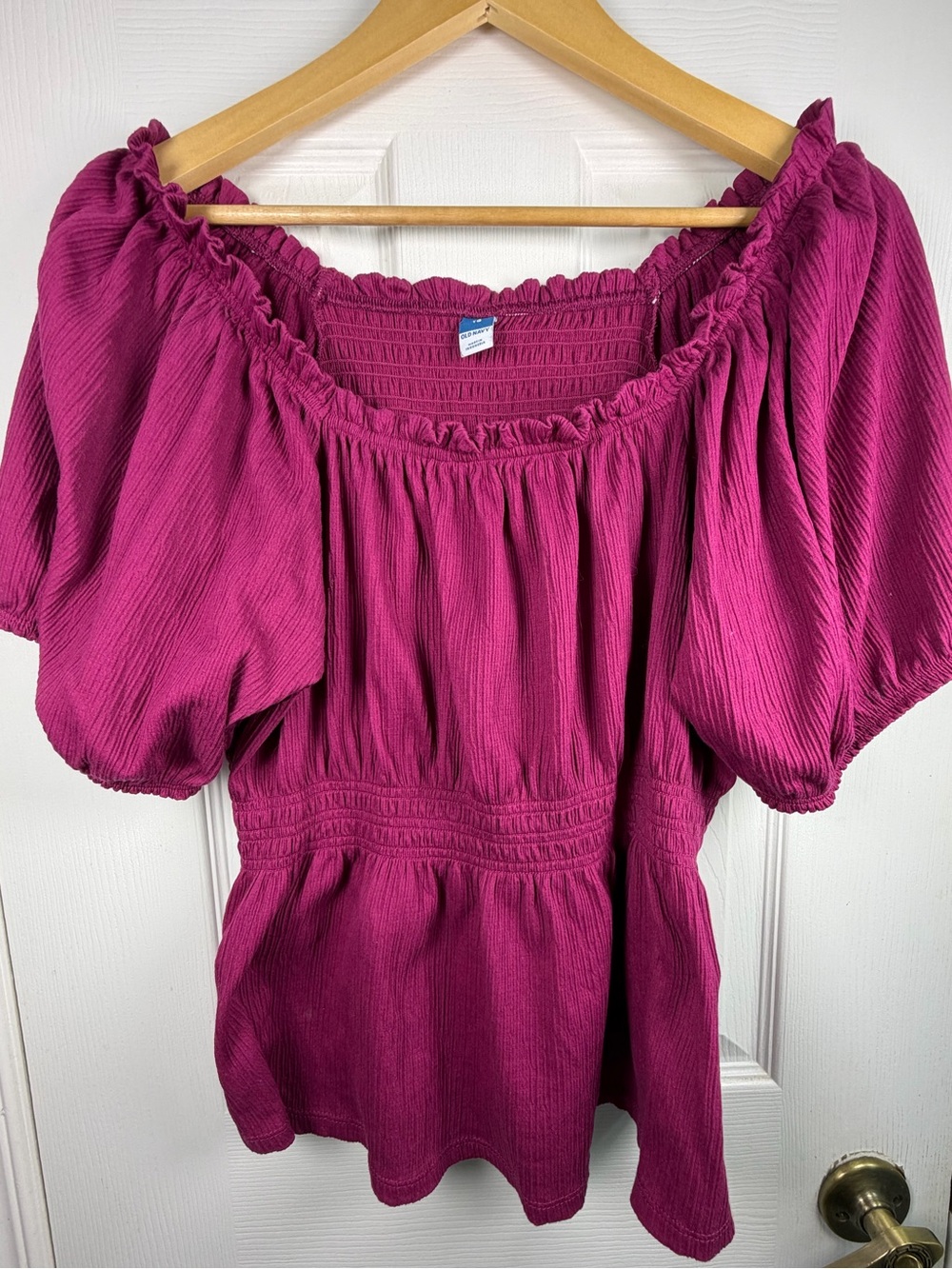 Old Navy Magenta Puff Sleeve Peasant Blouse XL Smocked Square Neck Cottage